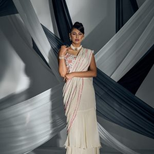 Ivory draped skirt with hand embroidered blouse in crepe