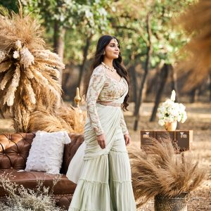 Pastel green drape sharara with hand embroidered blouse in crepe