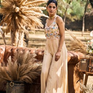 Beige hand embroidered jumpsuit in crepe