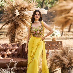 Yellow dhoti skirt with hand embroidered blouse and shrug in crepe