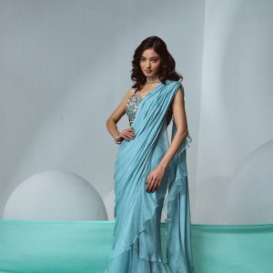 Blue pre-draped skirt saree in crepe and organza