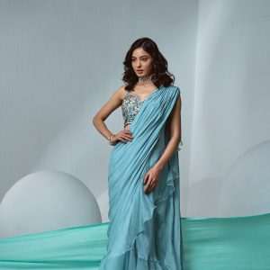 Blue pre-draped skirt saree in crepe and organza