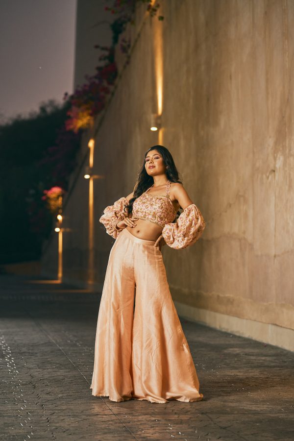 Dusty pink sharara with embroidered puffed sleeves blouse in Silk