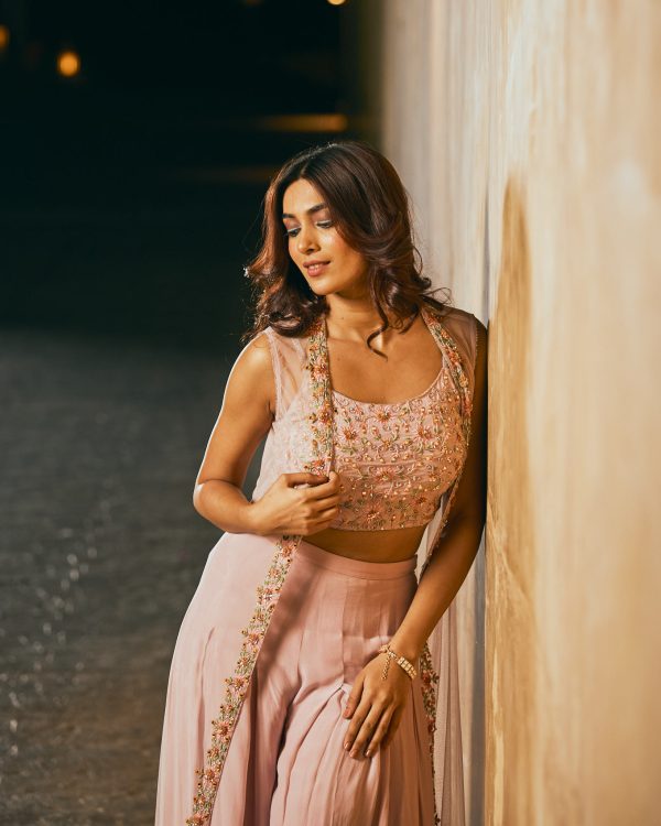 Pastel pink sharara set with shrug in crepe