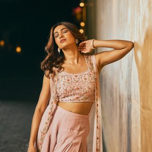 Pastel pink sharara set with shrug in crepe