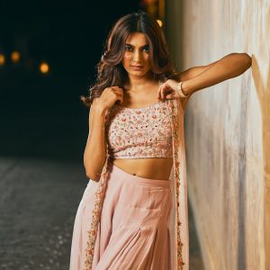 Pastel pink sharara set with shrug in crepe