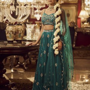 Bottle green lehenga set in Net