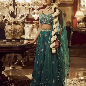 Bottle green lehenga set in Net