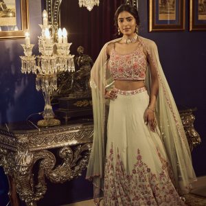 Pastel green lehenga set with mirror work in crepe