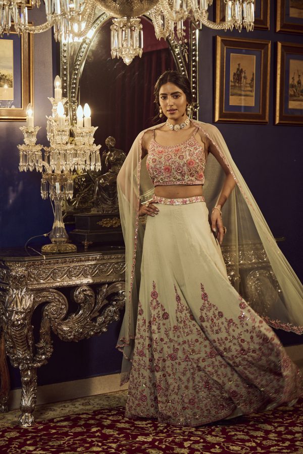 Pastel green lehenga set with mirror work in crepe
