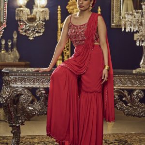 Hot pink draped sharara set with embroidered blouse