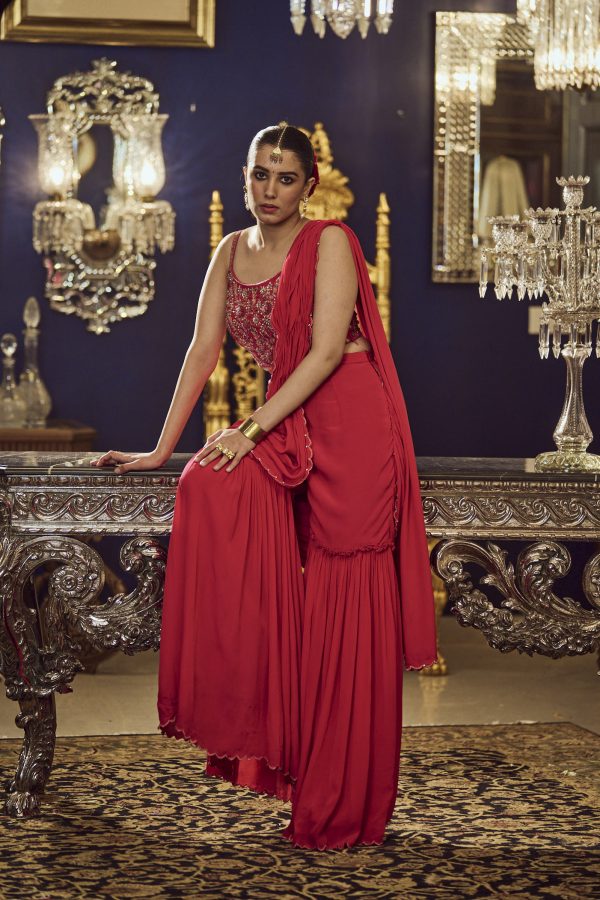 Hot pink draped sharara set with embroidered blouse