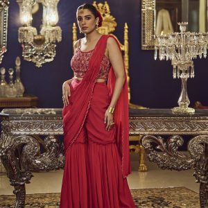 Hot pink draped sharara set with embroidered blouse