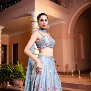 Blue embroidered lehenga in silk