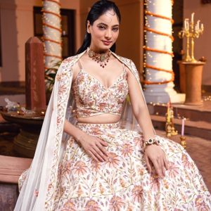 Ivory hand embroidered lehenga in silk