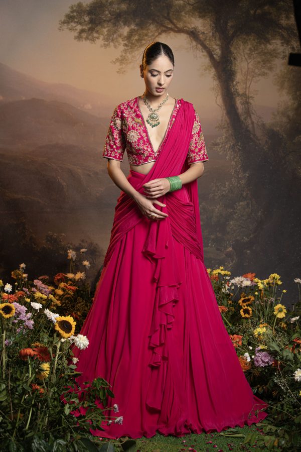 Hot pink pre draped skirt in crepe