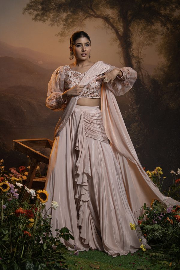 Pastel Pink pre draped skirt with embroidered blouse in crepe