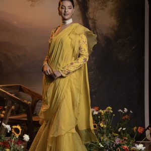 Yellow pre draped ruffle saree with embroidered blouse