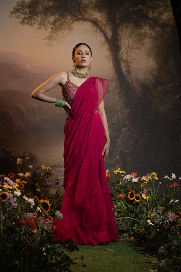 Pink pre-draped skirt saree in crepe and organza