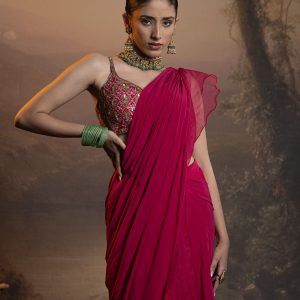 Pink pre-draped skirt saree in crepe and organza