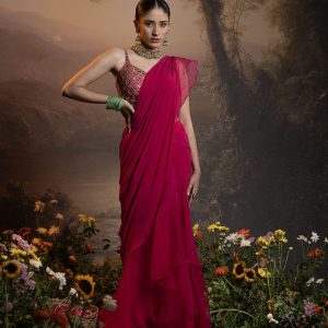 Pink pre-draped skirt saree in crepe and organza