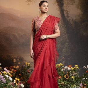 Red pre draped ruffle saree with embroidered blouse