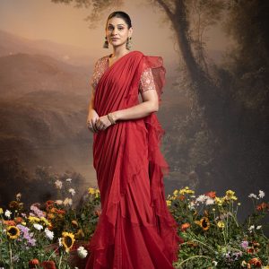 Red pre draped ruffle saree with embroidered blouse