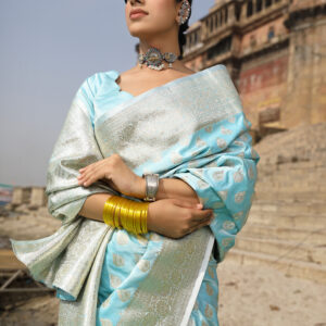 Sky Blue Banarasi Saree In Silk