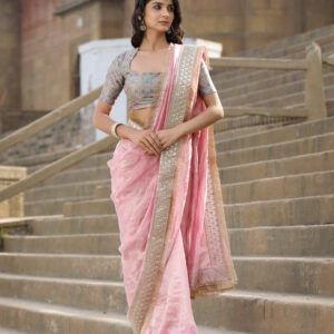 Baby Pink Saree In Tissue Organza