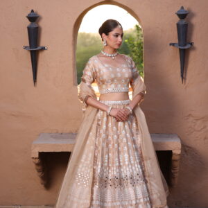 Beige Lehenga In Thread and Mirror Work