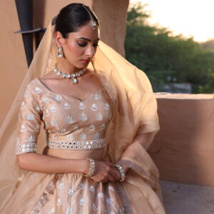 Beige Lehenga In Thread and Mirror Work