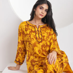 Mustard Yellow Printed Silk Co-ord Set