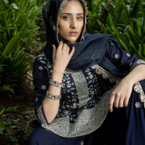 Navy Blue Short Suit With Sharara Full Handwork