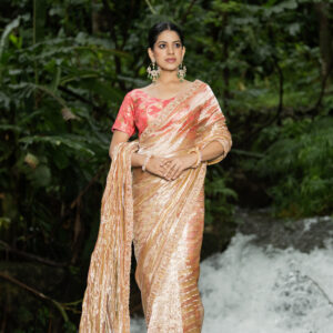 Gold Striped Saree In Tissue Organza