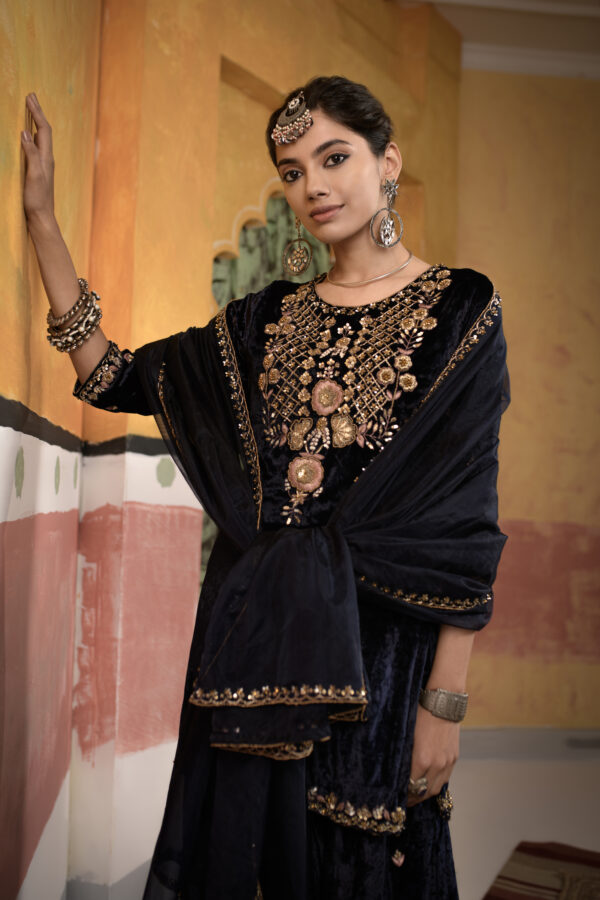 Velvet Navy Blue Short Suit With Sharara