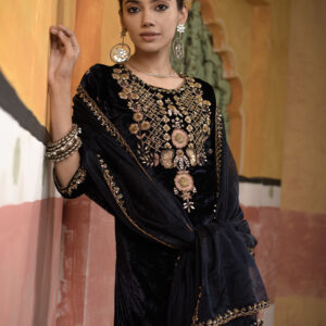 Velvet Navy Blue Short Suit With Sharara