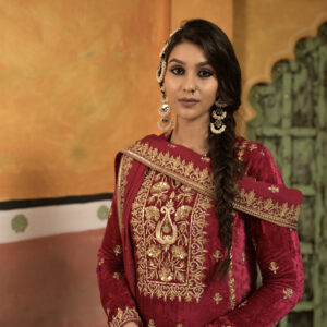 Rani Pink Long Velvet Suit With Pant Fully Gold Handwork