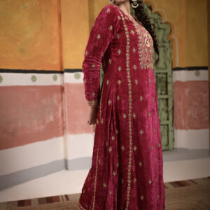 Rani Pink Long Velvet Suit With Pant Fully Gold Handwork