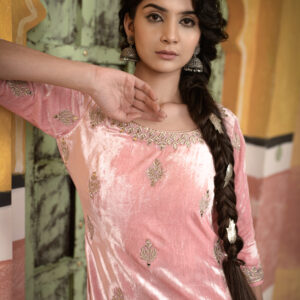 Baby Pink Velvet Suit With Salwar with Lavender Dupatta