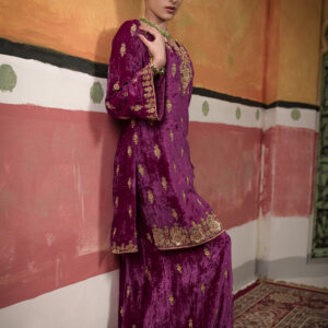 Purple Pink Velvet Set With Full Gold Handwork