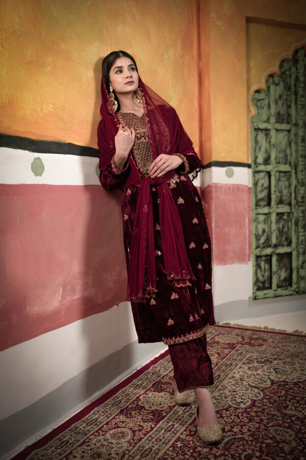 Velvet Maroon Long Suit With Pant