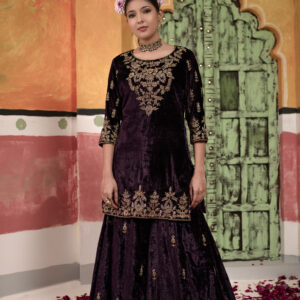 Velvet Dark Purple Short Suit With Sharara Fully Gold Handwork