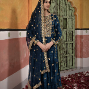 Teal Blue Long Velvet Suit With Salwar Fully Gold Handwork