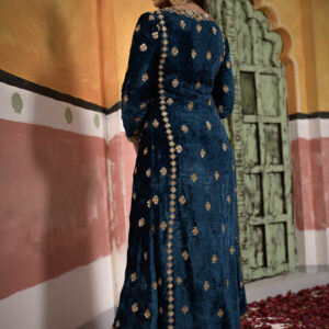 Teal Blue Long Velvet Suit With Salwar Fully Gold Handwork