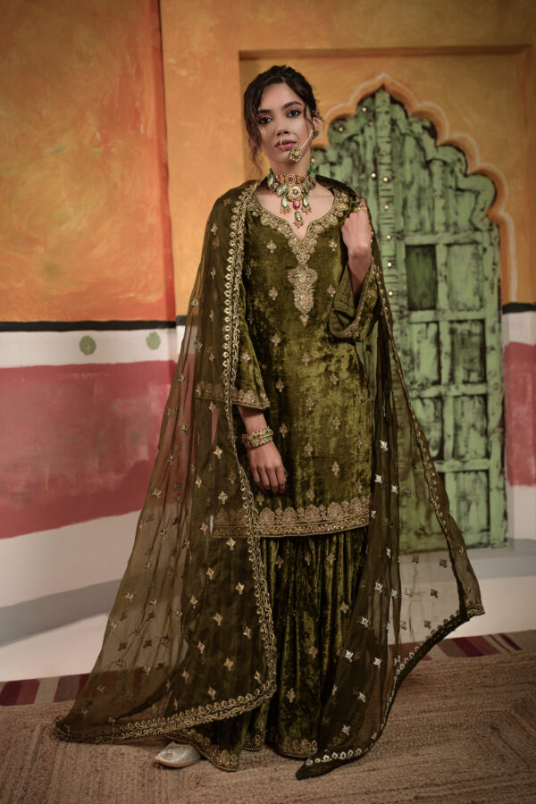 Olive Green Velvet Suit With Sharara Fully Gold Handwork