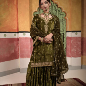 Olive Green Velvet Suit With Sharara Fully Gold Handwork