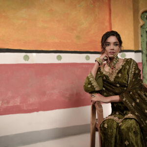 Olive Green Velvet Suit With Sharara Fully Gold Handwork