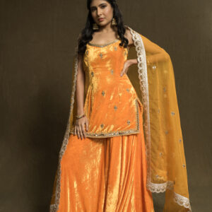 Velvet Mustard Yellow Short Suit With Sharara