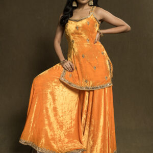 Velvet Mustard Yellow Short Suit With Sharara